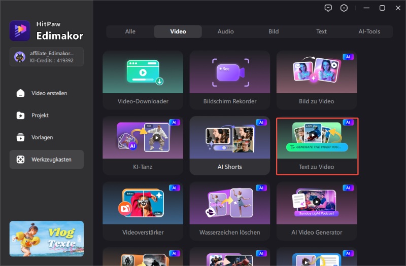 KI Text-zu-Video Tool Oberfläche in Edimakor
