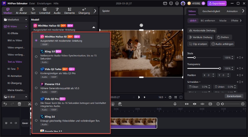 Auswahl eines KI Videomodells in Edimakor