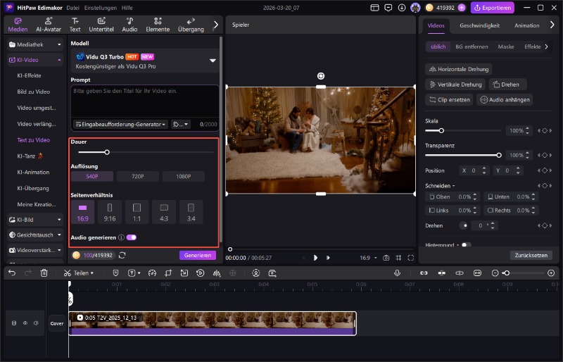 Einstellungen im KI Text zu Video Generator