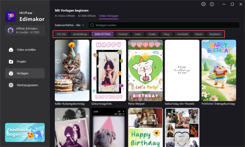Edimakor Vorlagen Kategorien