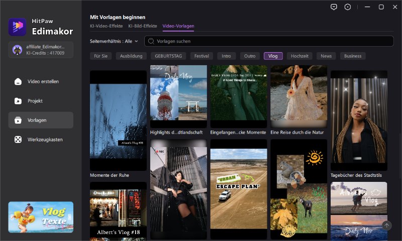 verschiedene Video Vorlagen Kategorien
