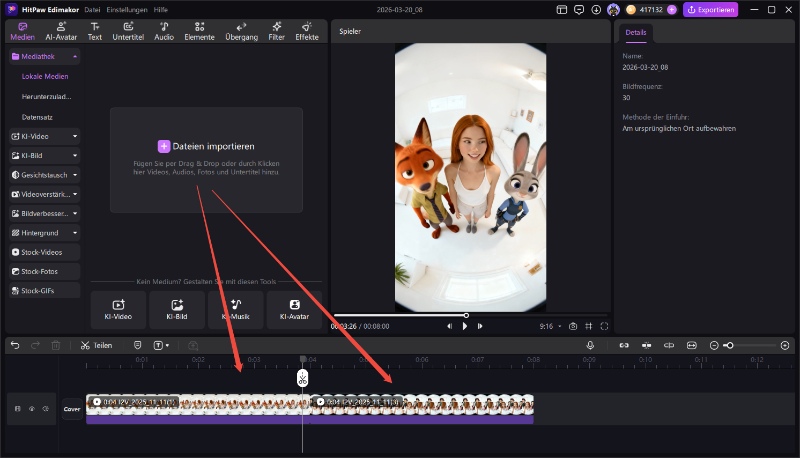 Videos in Edimakor importieren und anordnen