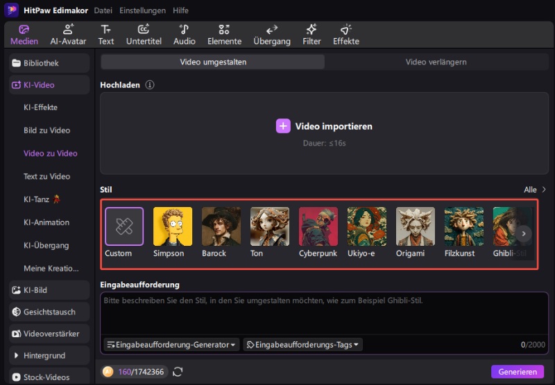 Wählen Sie den Stil von Video zu Video KI Free