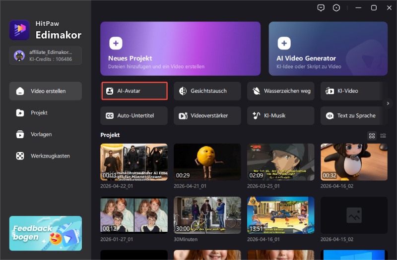 Edimakor Oberfläche für AI Talking Photo – Startbildschirm und Avatar-Funktion