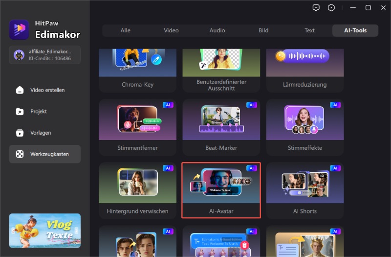 AI Avatar Tool in Edimakor Toolbox – Auswahl der Talking Photo Funktion
