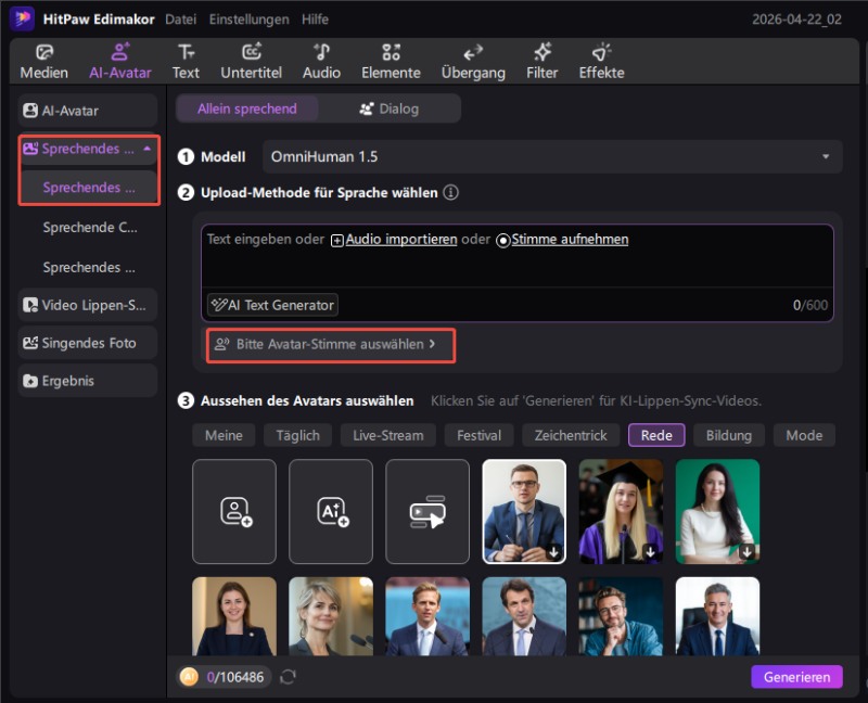 Text-to-Speech in Edimakor AI Talking Photo – Stimme generieren für Avatar Video