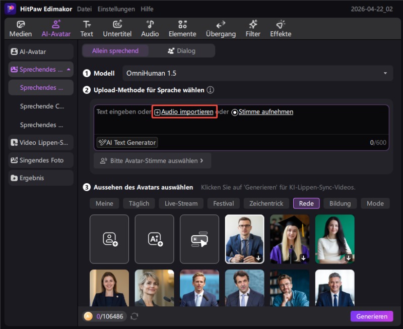 Lokales Audio Import in Edimakor AI Talking Photo – Datei hochladen