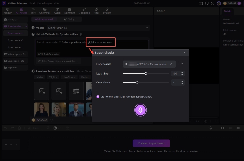 Sprachaufnahme in Edimakor AI Talking Photo – direkte Aufnahme im Editor