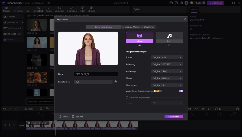 Export eines AI Talking Photo Videos in Edimakor – Render- und Exportoptionen