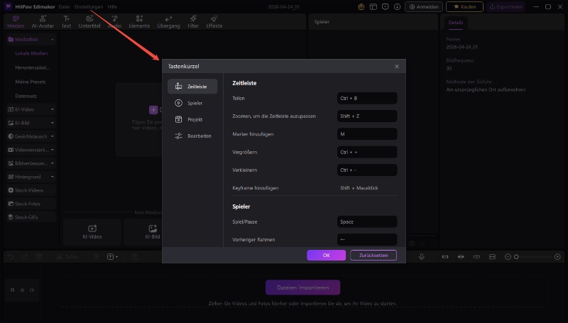 HitPaw Edimakor Hotkeys Einstellungen