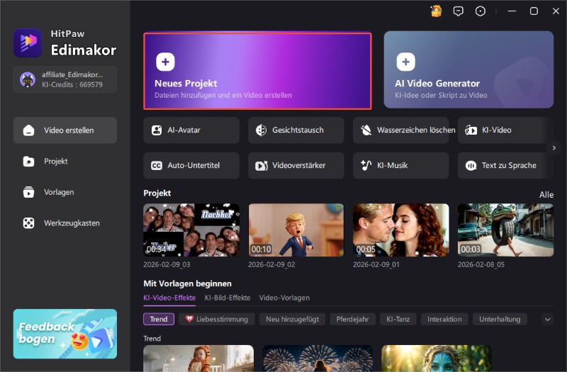 KI Face Swap starten – Edimakor Benutzeroberfläche