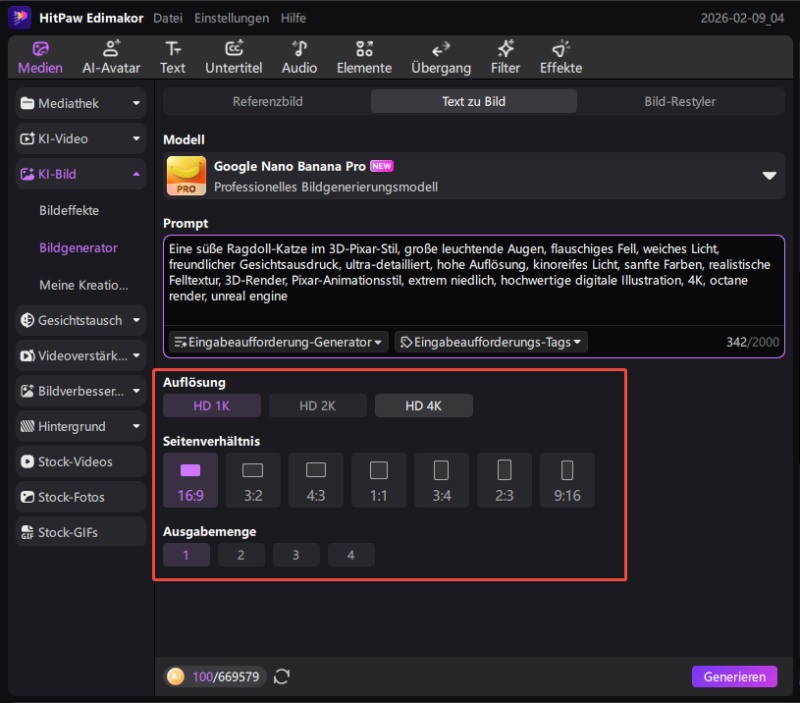 KI Face Swap Einstellungen – Seitenverhältnis und Bildanzahl festlegen