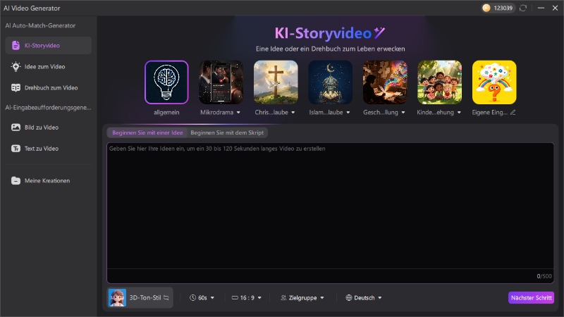 Story-Video Erstellung starten