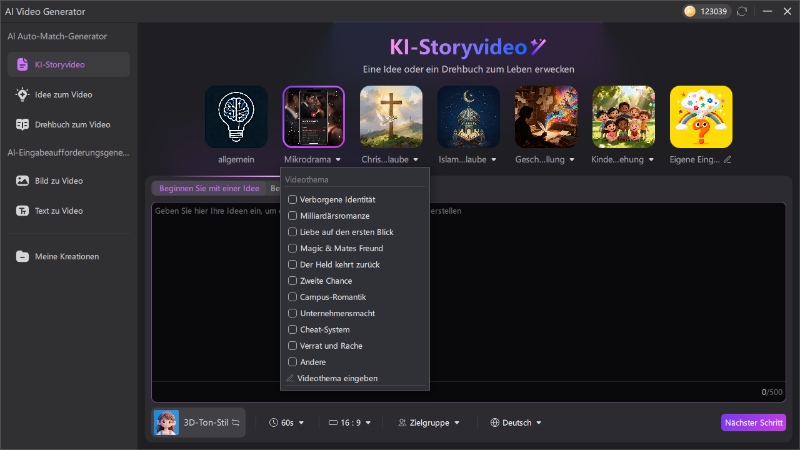Idee für Story-Video eingeben