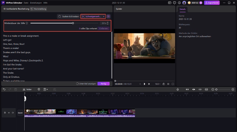 Textbearbeitung Stille-Erkennung